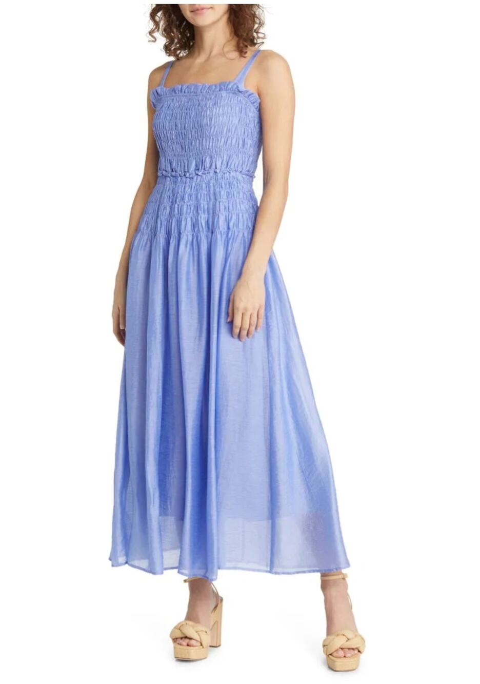 Moon River Smocked Linen Blend Midi Sundress in Sky Blue size S